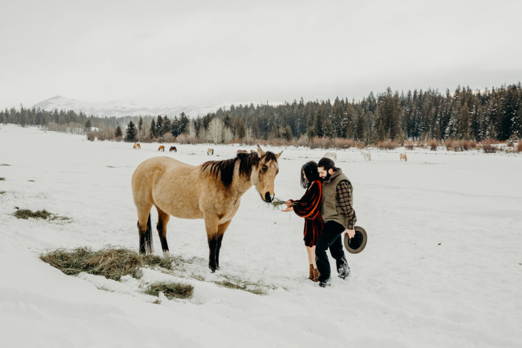 Man wearing Filson holds snuggles his fiance while they embrace a horse on Trail Creek Ranch in Jackson Hole Wyoming during their engagement photos