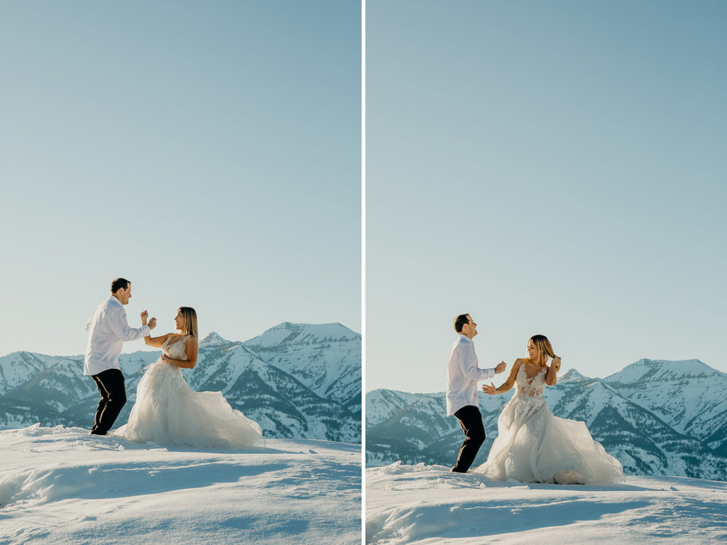 A couple dance together in the snow on their wedding day in a late winter sunset at Amangani resort.
