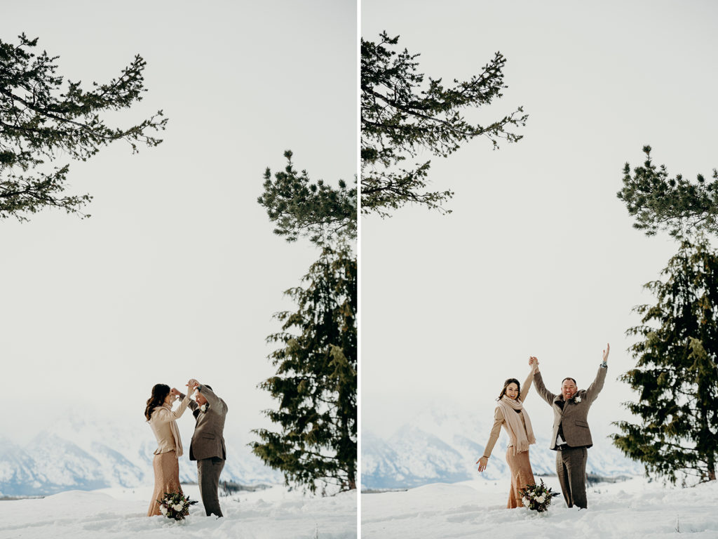 a couple celebrates under the wedding tree in jackson hole after finishing their wedding ceremony